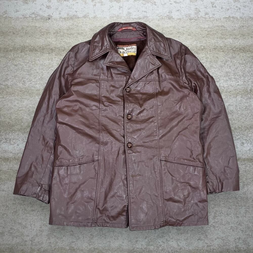 Vintage 90s Genuine Leather Jacket Mens L Chocolate Brown Faux Fur Lined